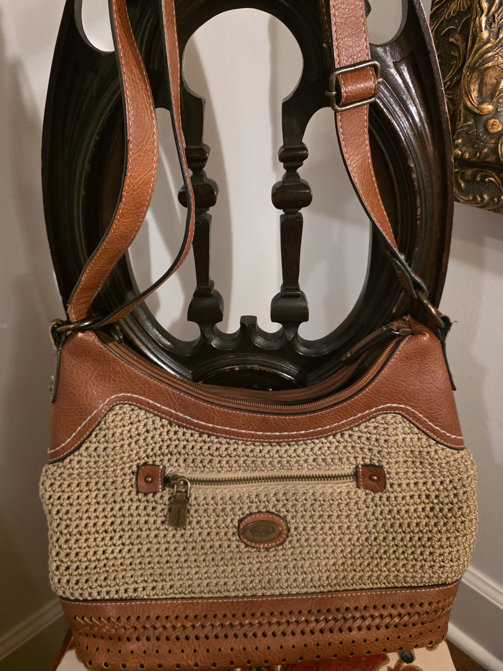 Concept Woven Straw and Brown Leather Crossbody Bag - Women